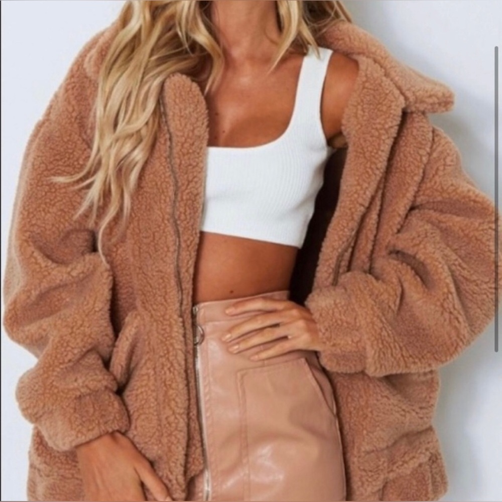 White Fox Teddy Coat in Camel